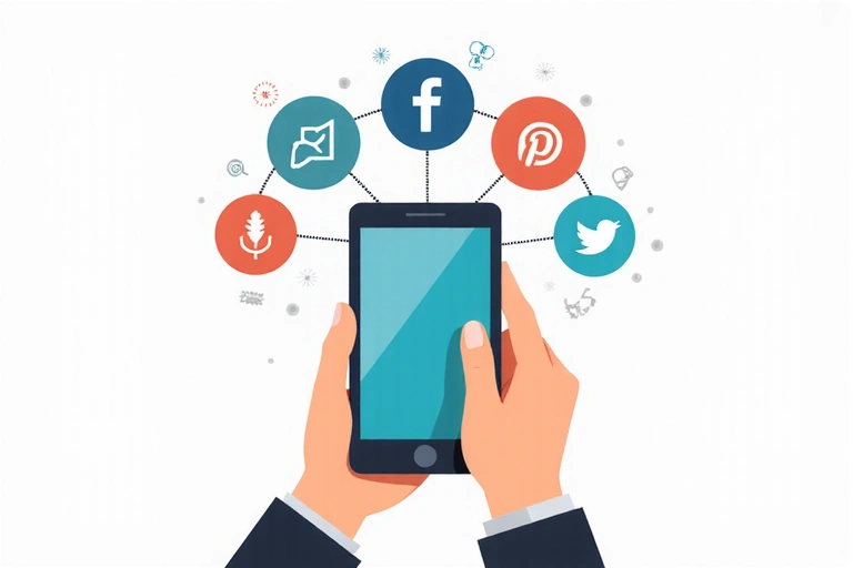 Ilustrace rukou držících mobilní telefon s ikonami sociálních médií a datového toku, symbolizující sdílení dat.