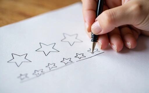 Ilustrace ruky držící papír s tužkou a hvězdičkami, symbolizující psaní recenze.